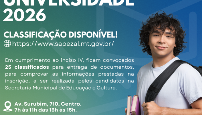 A Prefeitura de Sapezal informa que a lista de classificados do Programa Bolsa Universidade 2026 já está disponível no site oficial.